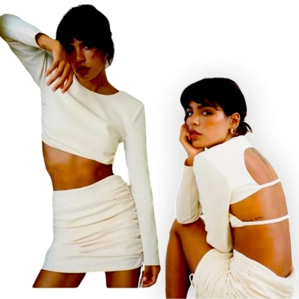 NWT Zara Oyster White Long Sleeve Open Back Crop Top Size Large